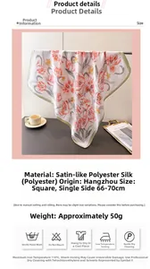 Detail of floral satin scarf featuring pink tulips with green borders and smooth texture