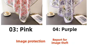 Detail of satin floral scarves in pink tulip and purple tulip prints with silky texture
