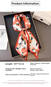 Detail of 147x14cm double-layer narrow silk scarf with vibrant orange and floral pattern