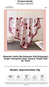 Detail of silk-like satin square scarf featuring elegant rose print and burgundy border