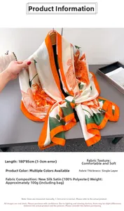 Detail of soft silk-satin scarf with orange floral pattern and 180x85cm size label