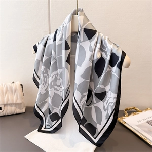 Floral silk satin square scarf with vintage black and white abstract print for women