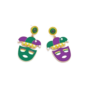 Detail of Mardi Gras jester mask earrings with purple and green enamel and pearls