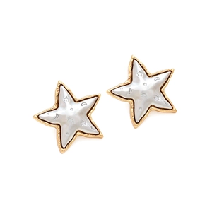 Vintage gold and white star stud earrings with celestial moon and star embossed details