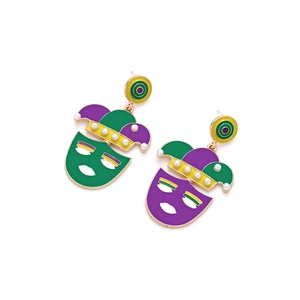 Colorful Mardi Gras clown mask earrings with faux pearls and enamel on white backdrop