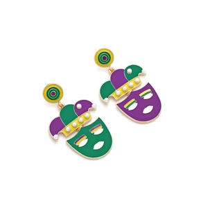 Colorful Mardi Gras clown mask drop earrings with enamel and faux pearls on white background