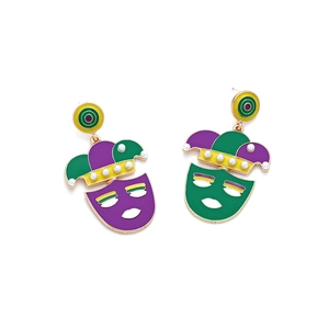 Detail of Mardi Gras clown mask earrings with purple green enamel and faux pearls