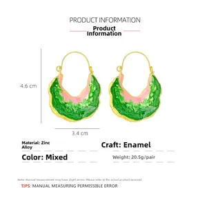 Detail view of colorful enamel leaf earrings showing 4.6cm x 3.4cm size and 20.5g weight