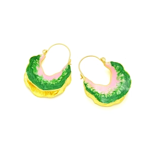 U-shaped gold leaf earrings with pink and green enamel drip glaze and wave texture