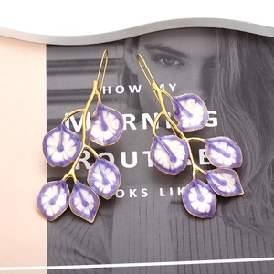 Vintage gold leaf drop earrings with purple gradient enamel leaves for women