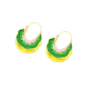 Retro gold alloy teardrop leaf earrings with green and pink enamel glaze on white background