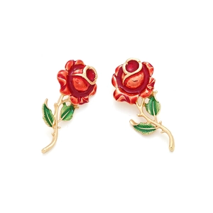 Exaggerated red rose enamel stud earrings with golden branch and green leaf details