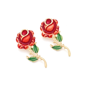 Exaggerated handmade red enamel rose flower earrings with gold metal leaves on white base