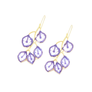 Vintage gold leaf drop earrings with lavender and white enamel leaf detailing on white backdrop
