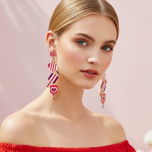 Pickleball Paddle Dangle Earrings Heart Stripe Zinc Alloy Enamel With Stainless Steel Earring Post Valentine Sports Women