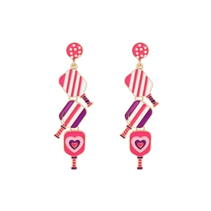 Pink and purple heart pickleball racket drop earrings in gold plated finish for women