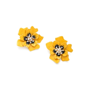 Boucles d'oreilles fleurs en émail jaune vif avec strass brillants au design multicouche