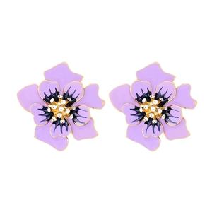 Boucles d'oreilles fleurs en émail violet avec centres en cristal et monture dorée