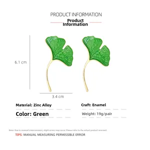 Detailed dimension guide for green enamel ginkgo leaf earrings in zinc alloy