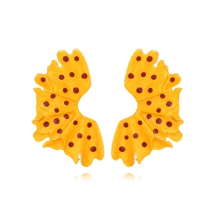 Exaggerated yellow enamel leaf earrings with red polka dots and creative wavy design
