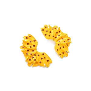 Vibrant yellow wavy enamel leaf earrings with reddish-brown polka dots for women