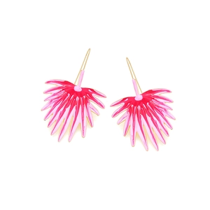 Macro detail of pink enamel leaf earrings with fan-shaped design and gold-tone hooks