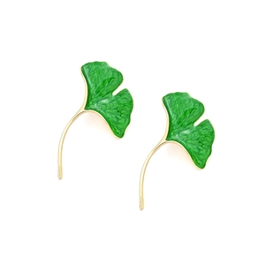Enamel ginkgo leaf drop earrings with green textured veins and gold hooks for women