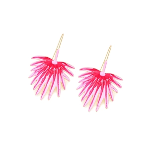 Pink enamel tropical leaf drop earrings with gold edges and fan shape design