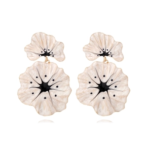 Exaggerated Double Layer Flower Drop Earrings Enamel Zinc Alloy Statement Jewelry For Women Vintage Large Floral White