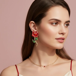 Red Rose Flower Drop Earrings Vintage Red Enamel Green Leaf Gold Alloy Exaggerated Style Valentine Gift For Women