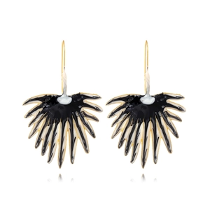 Modern leaf-shaped fan earrings with black and white enamel palm patterns and gold hooks