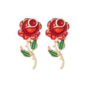Exaggerated handmade red enamel rose earrings with gold base for women fashion
