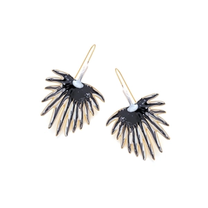 Exaggerated fan-shaped leaf drop earrings with black and white marble enamel finish