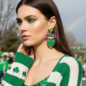 Jester Mask Drop Earrings Alloy Enamel Faux Artificial Pearl Mardi Gras Carnival Jewelry For Women With Stainless Steel Earring Post
