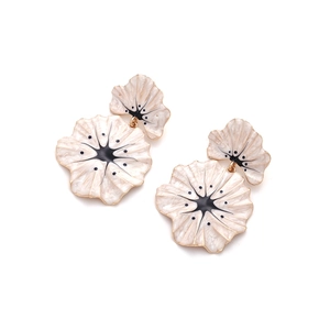 Exaggerated black and white enamel flower drop earrings with gold plated alloy edges