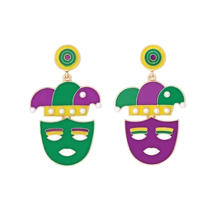 Mardi Gras jester mask drop earrings with green purple yellow enamel and pearls