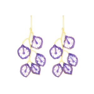 Vintage long leaf drop earrings in gold with purple and white enamel finish