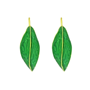 Boucles d'oreilles feuilles en émail vert avec nervures dorées et crochets pour femmes