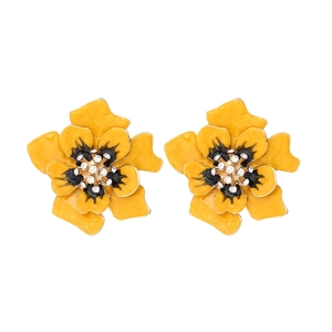 Boucles d'oreilles fleurs en émail jaune avec strass brillants et motifs noirs élégants