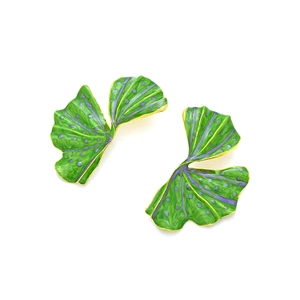 Exaggerated gold alloy ginkgo leaf earrings with green enamel and purple dotted details