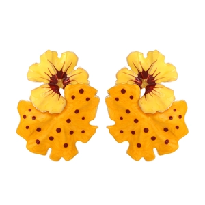 Exaggerated luxury enamel flower stud earrings with yellow polka dot leaf petals
