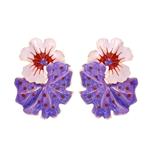 Luxury enamel flower earrings with purple leaves and pink petals in a gold-plated finish