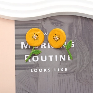 Floral yellow sunflower stud earrings with enamel leaves and faux pearl accents