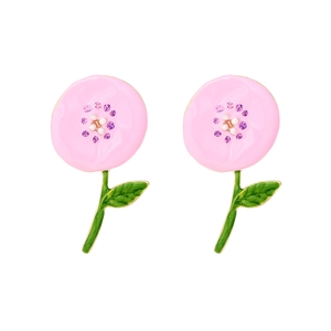 Pastel pink enamel flower earrings with pearl centers and green leaves on white background