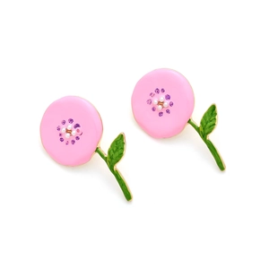Pastel pink flower stud earrings with green leaf enamel and purple crystal accents