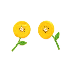 Detailed close-up of yellow sunflower earrings with white pearls and green enamel leaves