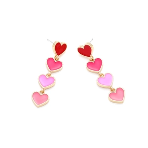 Pink gradient heart drop earrings with tiered enamel heart charms and gold plating