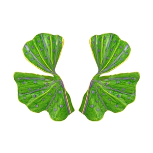 Exaggerated ginkgo leaf earrings with green enamel and purple veined leaf patterns