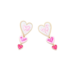 Pink and white gradient enamel heart drop earrings with three-layer gold frame