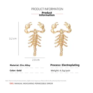 Detailed view of gold plated scorpion earrings with precise dimensions and weight specs